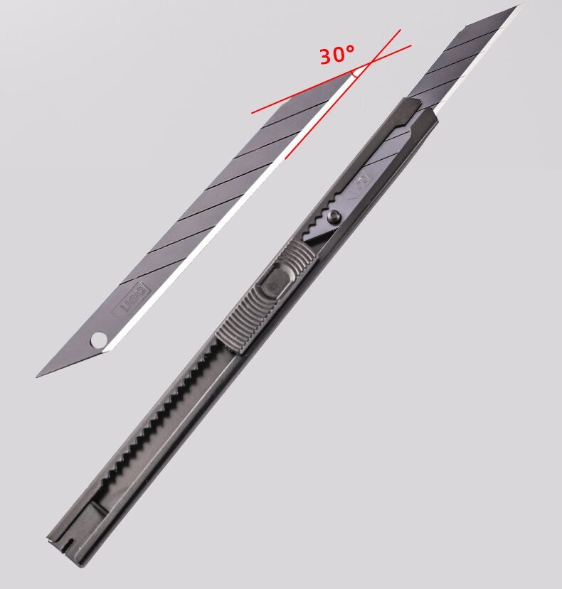Канцелярский нож 9мм черный. Металлический корпус. В комплекте сменные лезвия 10шт.