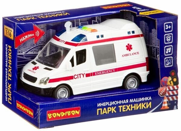 Инерционная машинка Bondibon "парк техники", скорая, свет, звук BOX 27,5х12