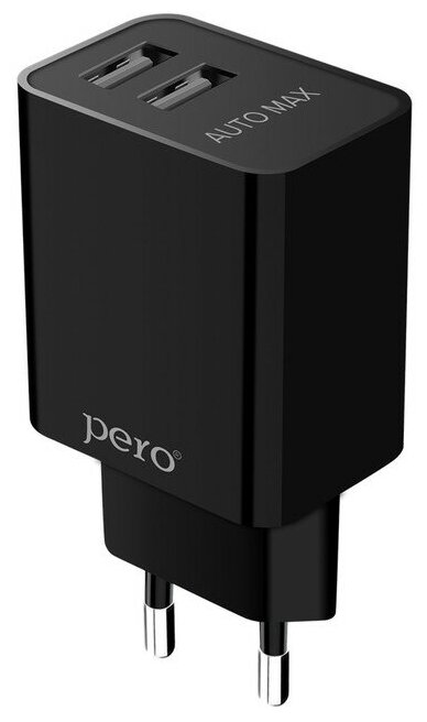 PERO Сетевое зарядное устройство PERO TC02 AUTO MAX, 2 USB, 2.1 A, регуляция тока, черное