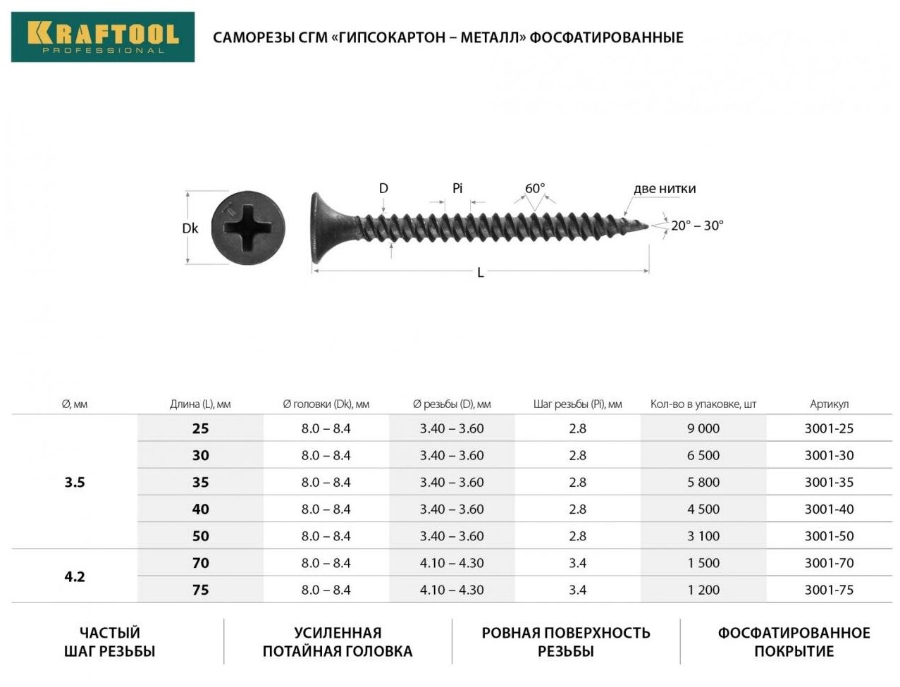 KRAFTOOL Саморезы СГМ гипсокартон-металл, 35 х 3.5 мм, 5 800 шт, фосфатированные, KRAFTOOL, ( 3001-35 ) - фотография № 6