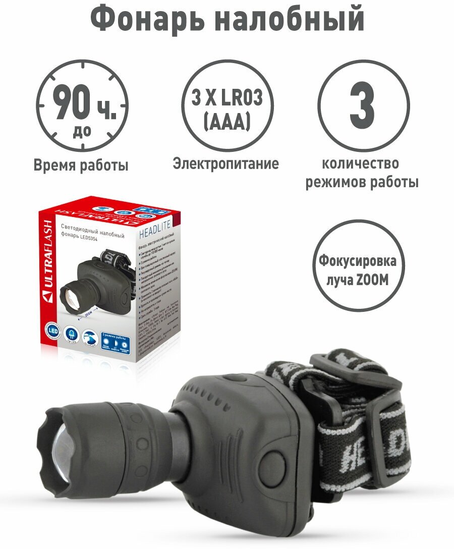 Фонарь Ultraflash LED5354 (фонарь налобн серый, 1ватт LED, ZOOM, 3 реж, 3ХR03, пласт, коробка)