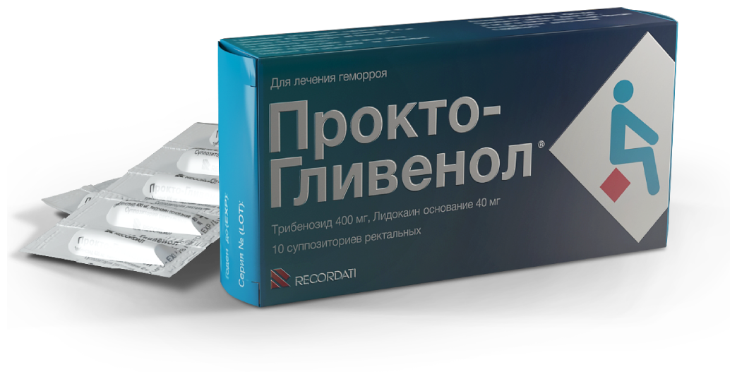 Прокто-гливенол супп. рект., 400 мг + 40 мг, 10 шт.