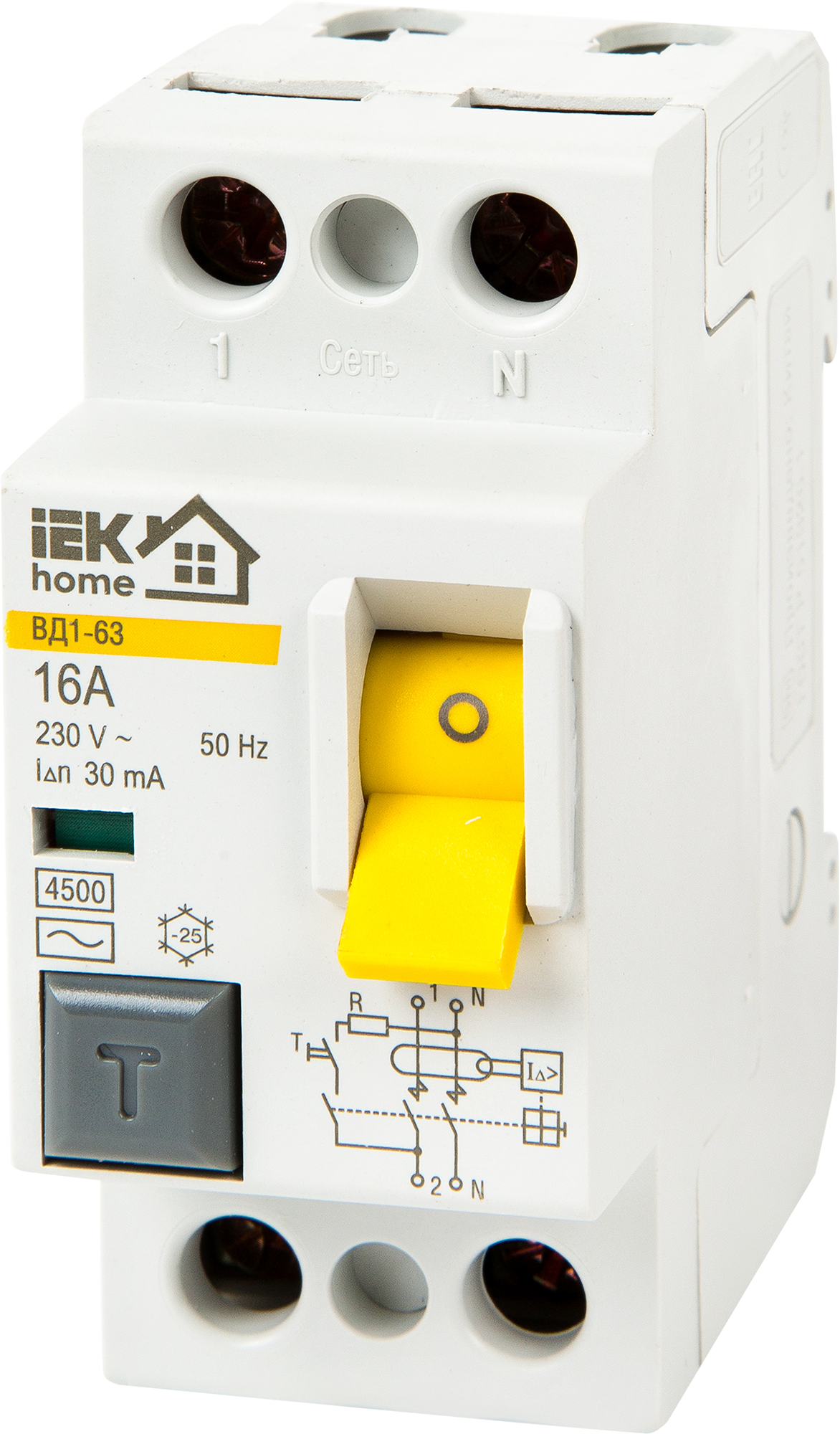 УЗО IEK Home ВД1-63 1P N 16 А 30 мА 4.5 кА AC MDV10-2-016-030