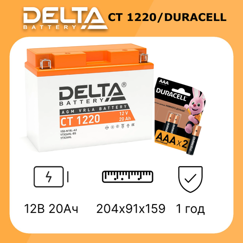 Мото аккумулятор Delta CT 1220.1 в комплекте с батарейками DURACELL LR 03