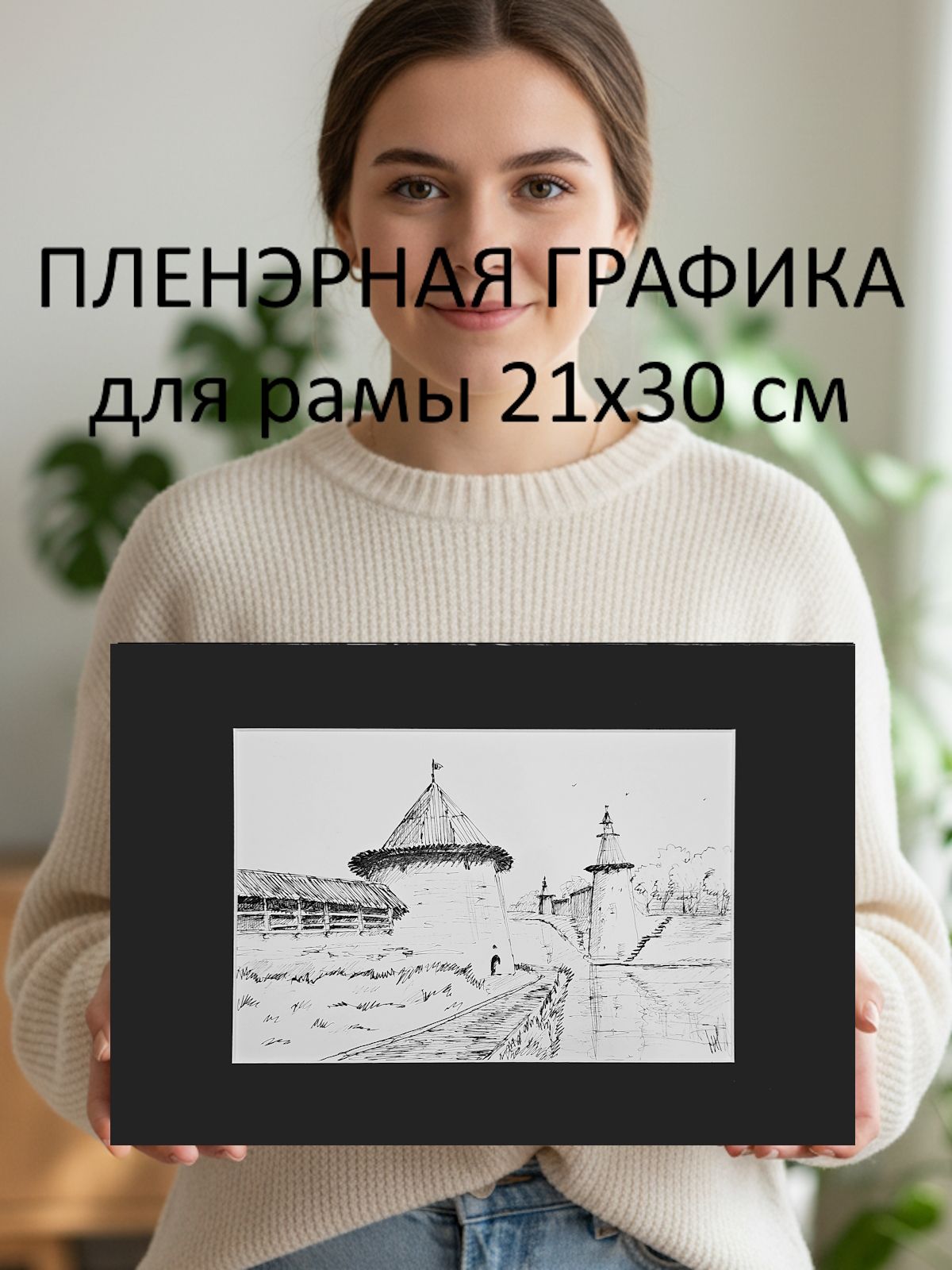 Картина, графика в паспарту 21х30 см на стену для интерьера "Башни Крома"