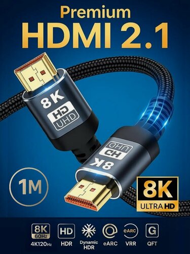 Изображение товара Кабель HDMI Premium, версия 2.1, тканевая оплётка, поддержка 8K/60 Гц, чёрный, 1 м