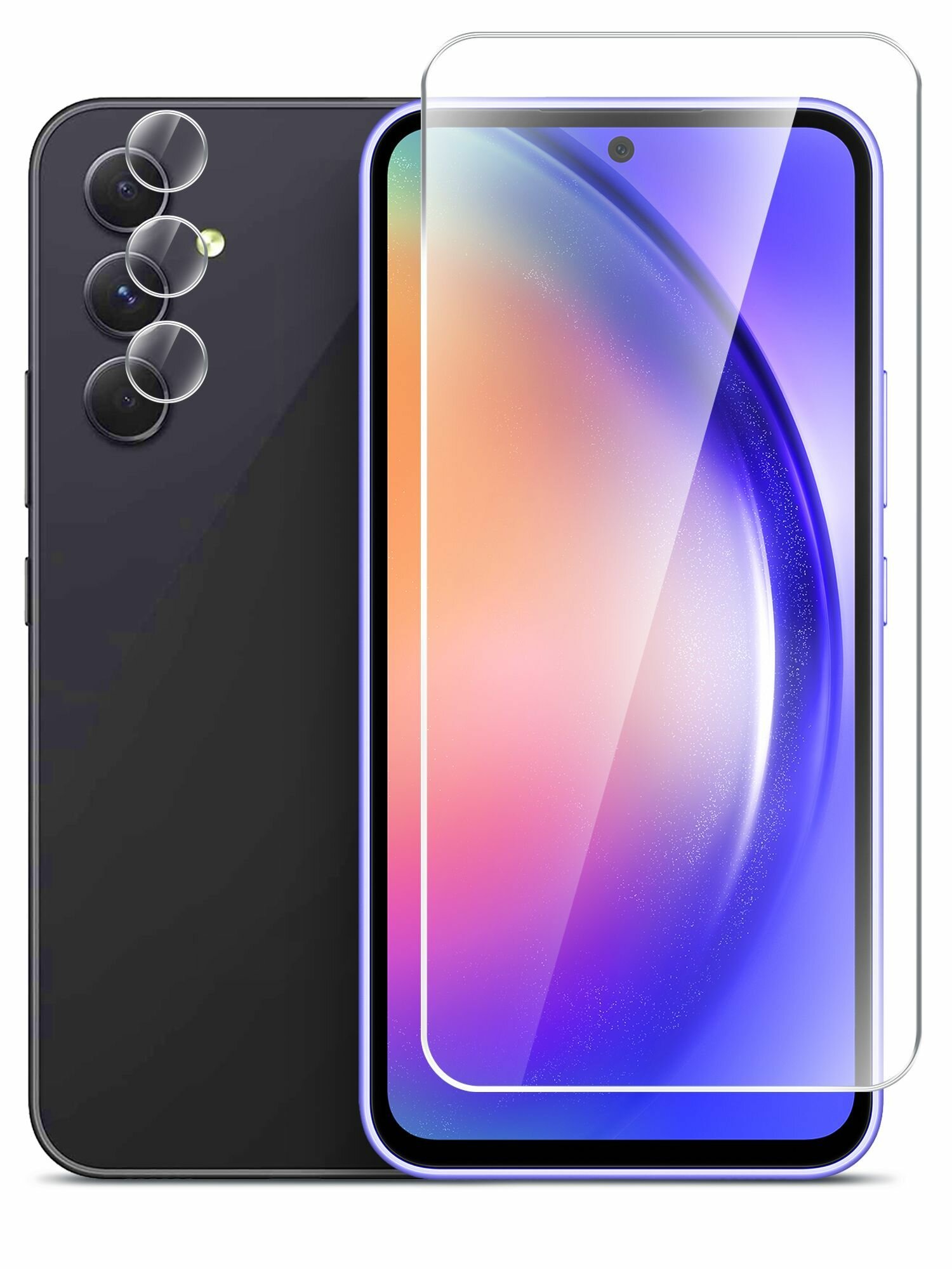 Защитное стекло на Samsung Galaxy A54 (Самсунг Галакси А54) на Экран и Камеру, (гибридное: пленка+стекловолокно), прозрачное силиконовая клеевая основа тонкое Hybrid Glass, Miuko — фото 1