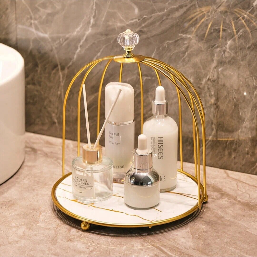 Органайзер для косметики и парфюмерии, 1-ярусный, золотой металл и белое стекло, декоративный, настольный