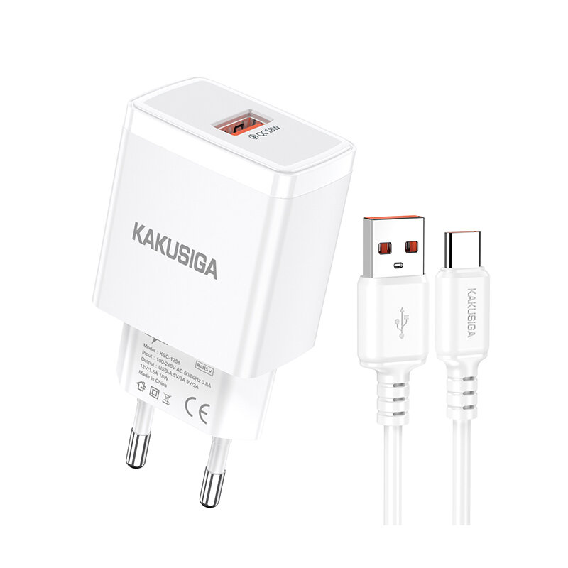 Универсальное сетевое зарядное устройство KAKUSIGA KSC-1259 с USB-C, 20W, для быстрой зарядки, белое