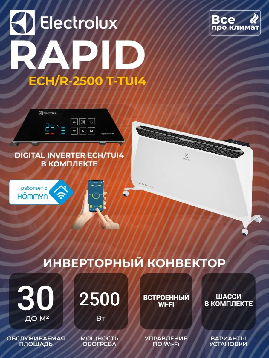 Инверторный конвектор Electrolux Rapid Transformer с шасси и блоком управления ECH/R-2500 T-TUI4 с WI-FI, 10 ступеней мощности
