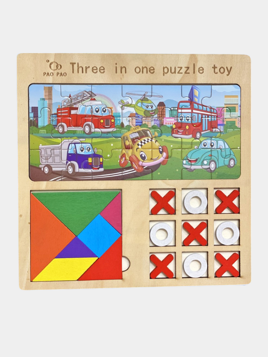 Сортер детский деревянный, головоломка, мозаика, танграм, 3D фигуры — фото 1