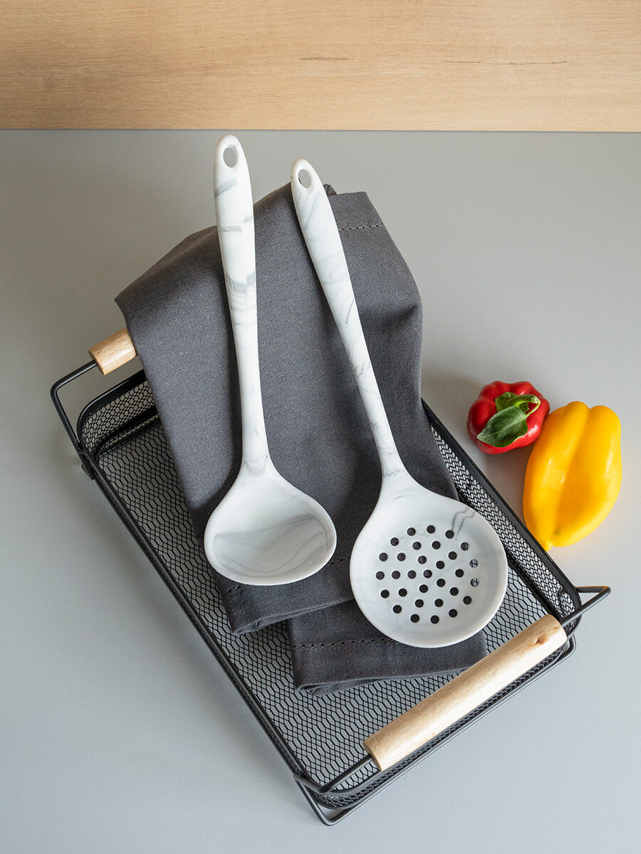 Изображение Набор кулинарных принадлежностей большой 2шт. DeNASTIA (половник, шумовка) силикон, цвет серый/белый