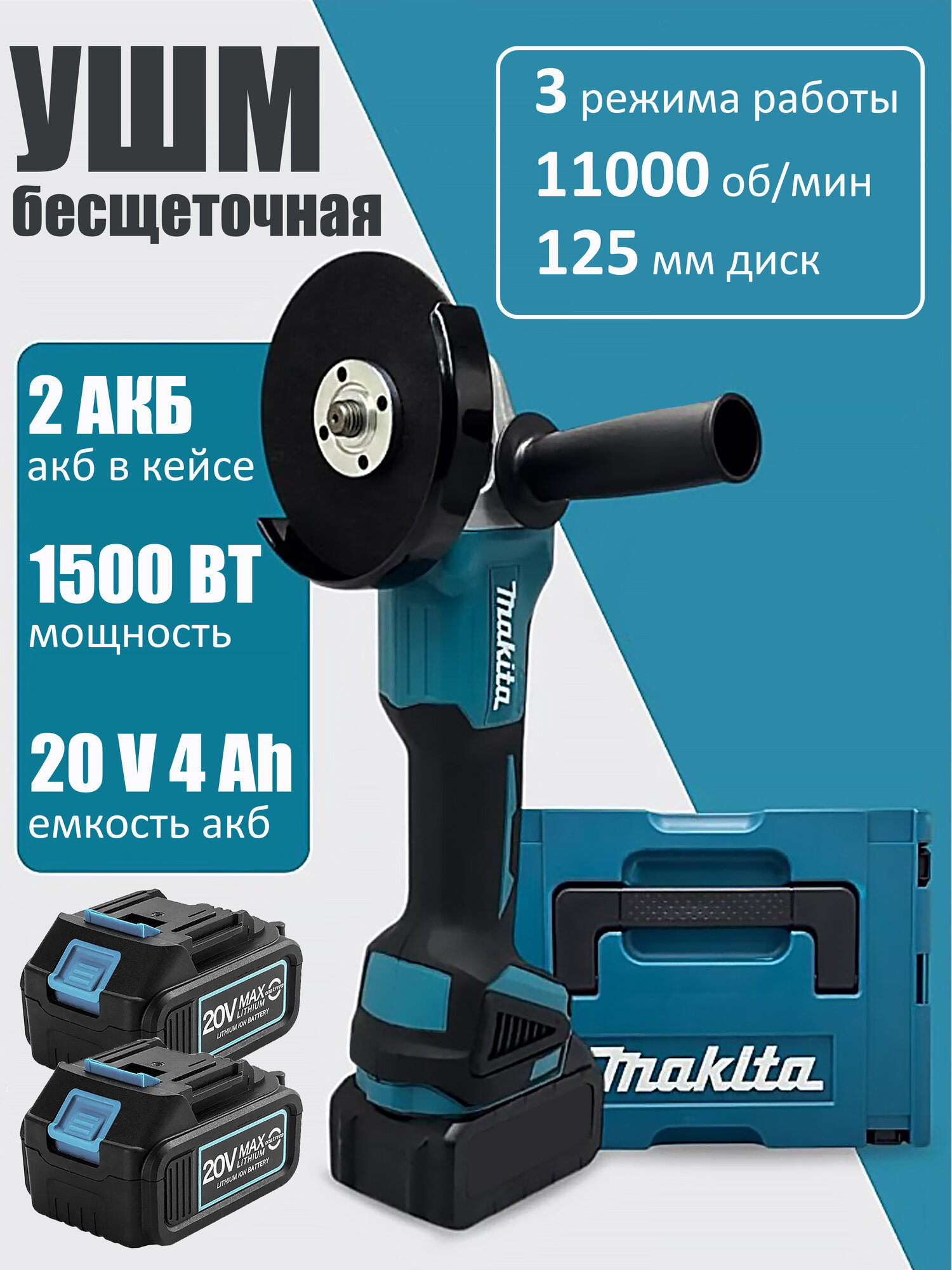 Болгарка аккумуляторная бесщеточная 125 мм УШМ 11000/125 c АКБ-2шт 4.0 Ah 20V и ЗУ