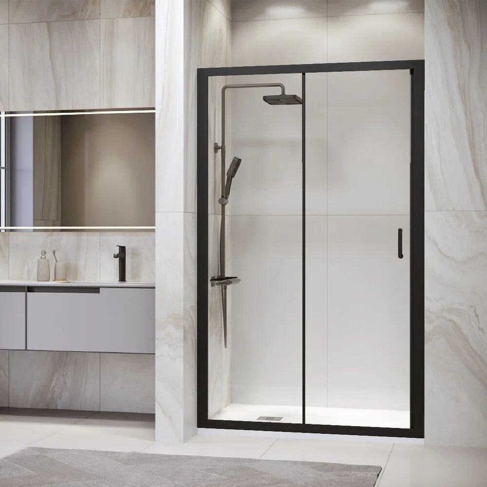 Душевая дверь в нишу RGW Passage PA-14В 41081412-14 стеклянная раздвижная 120 см с черным профилем одностворчатая немецкая
