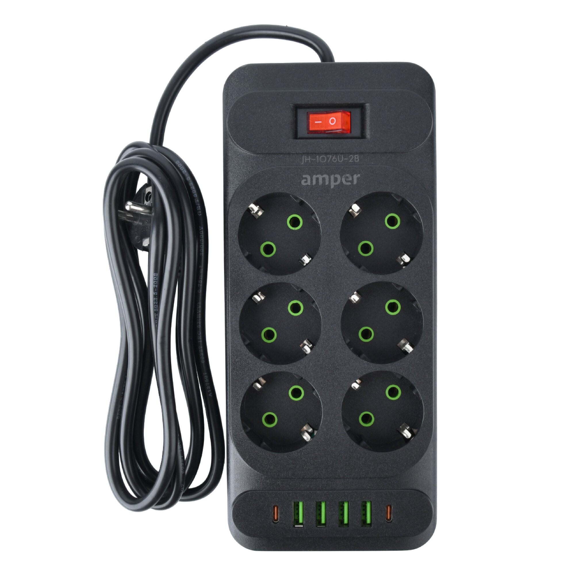 Сетевой удлинитель Amper, 4,0м, 6 розеток, 10А, 2500 Вт, 4usb,2Type-C, черный.