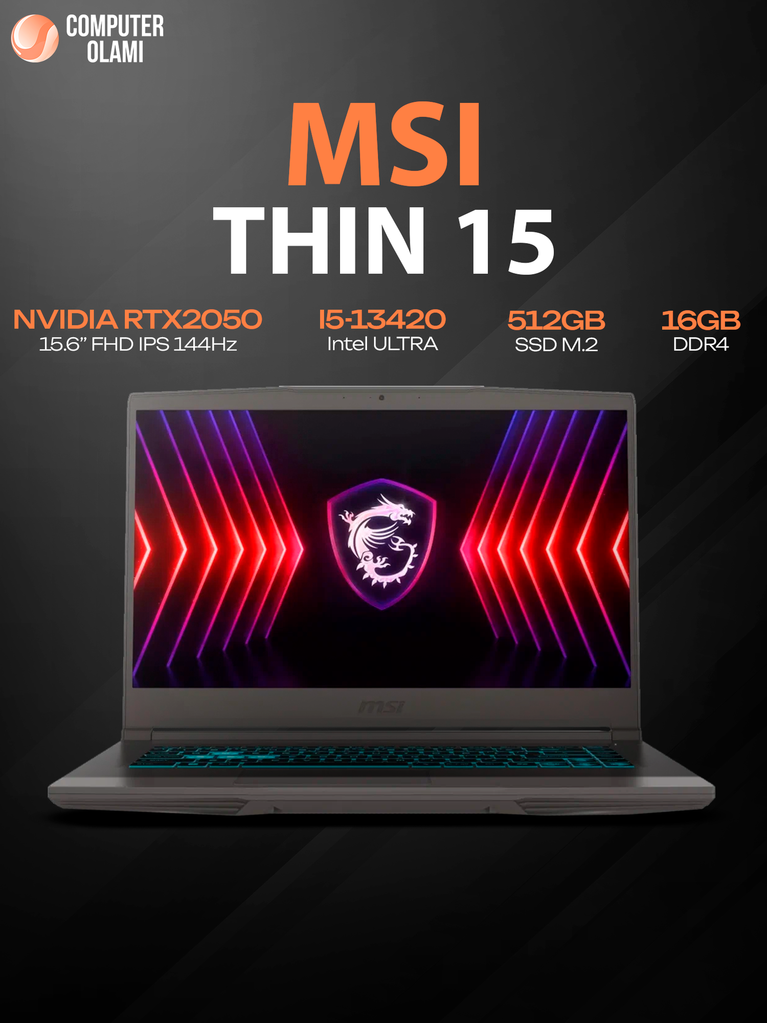 Ноутбук MSI THIN 15 B13UCX-3251XUZ I5-13420H 8GB 512GB 4GB RTX 2050 15,6 FHD IPS Blue Backlit