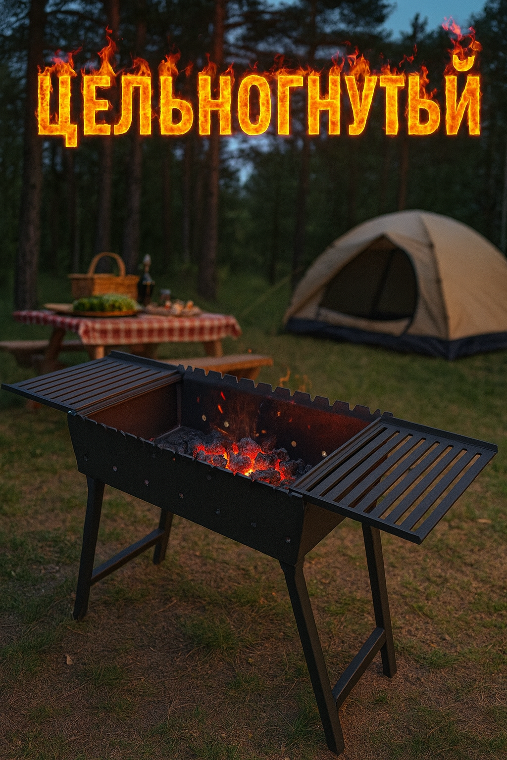 Мангал складной 600 мм горячекатаная сталь 3 мм с полками решётками гриль