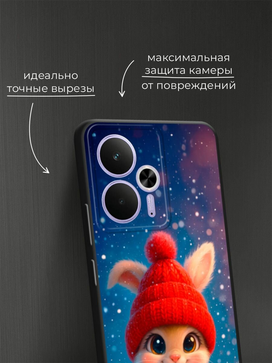 Черный матовый чехол на Realme 14T / Реалми 14Т с принтом "Зимний зайчик" — фото 1