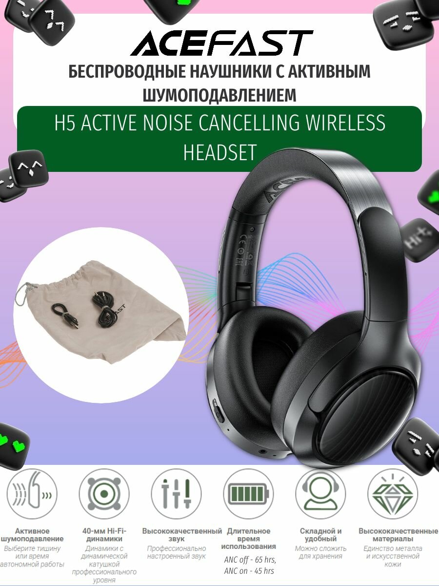 Беспроводные наушники с активным шумоподавлением ACEFAST H5 Active Noise Cancelling Wireless Headset. Цвет: черный