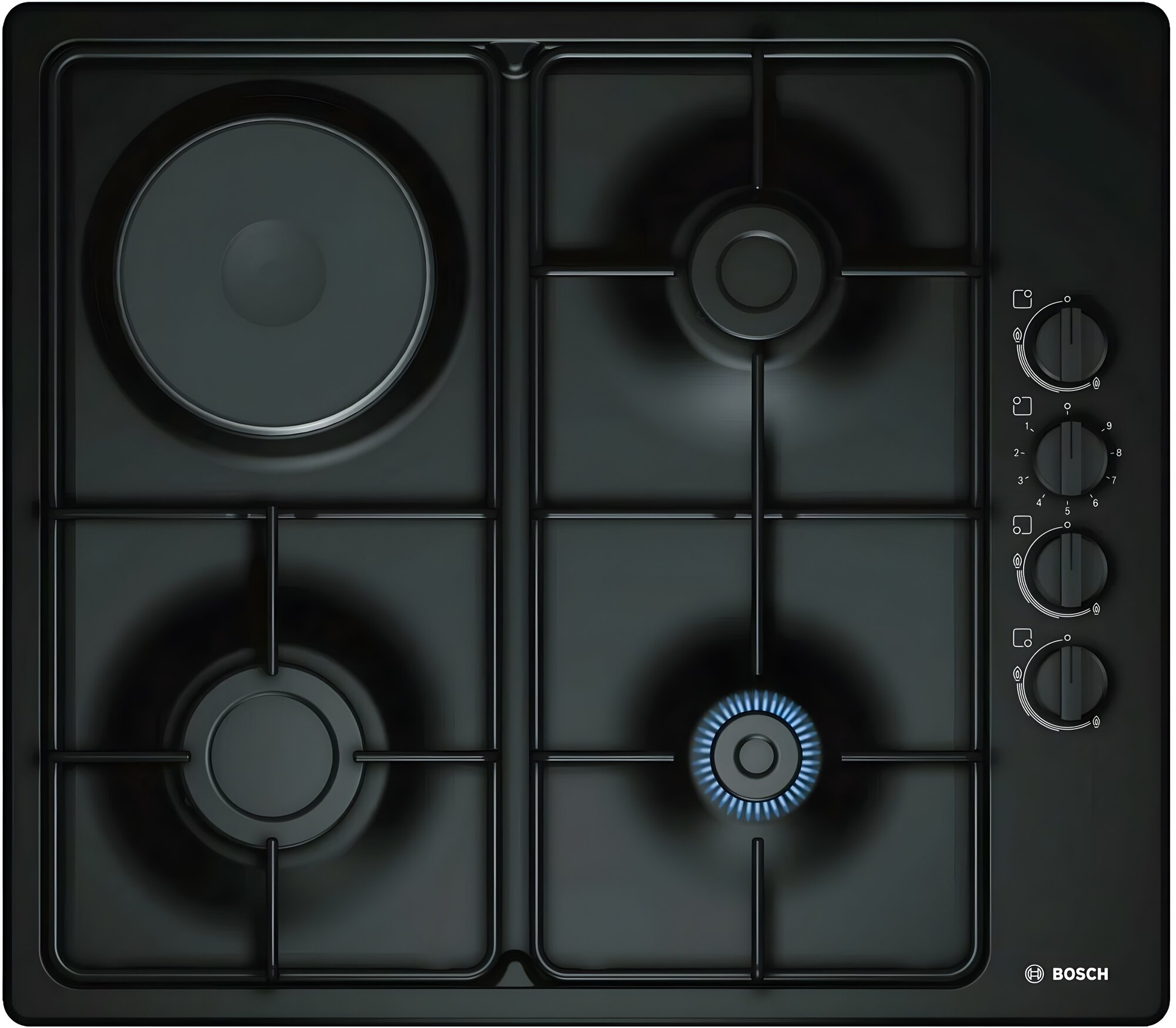 Варочная поверхность BOSCH PBY6C6B62O комбинированная 4 конфорки газ/электрика WOK газ-контроль черный