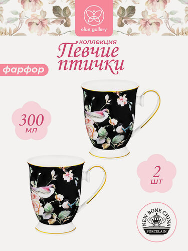 Изображение товара Кружка, чашка для чая, кофе 2 шт по 300 мл Elan Gallery Певчие птички на чёрном на ножке, набор