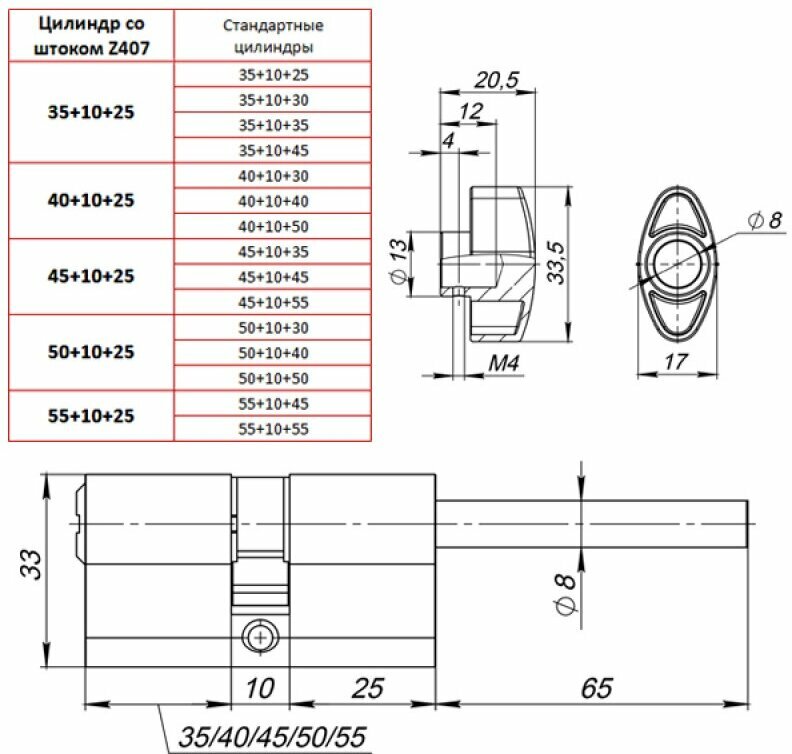 Цилиндровый механизм со штоком Z407/80 mm (45+10+25) CP хром 5 кл. — фото 1