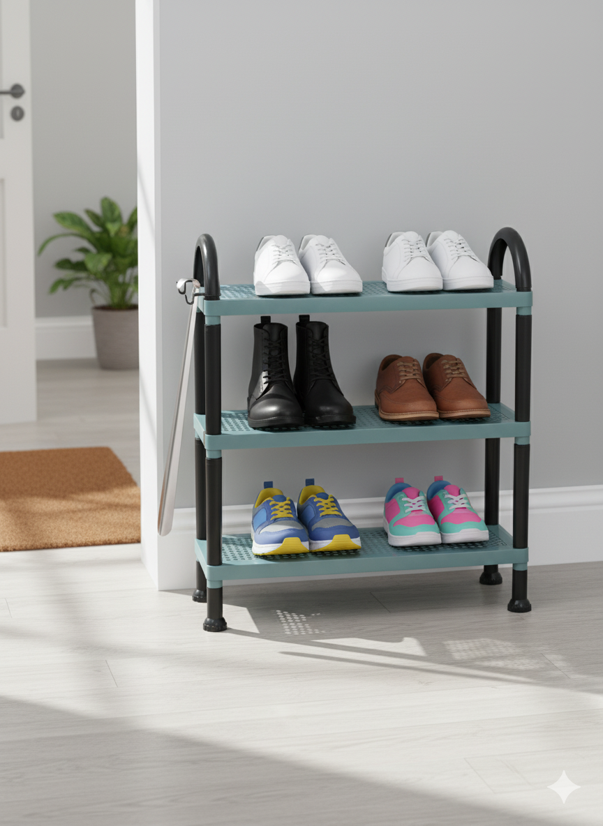 Трёхъярусная полка-органайзер из пластика с крючками для хранения обуви, обувница пластмассовая