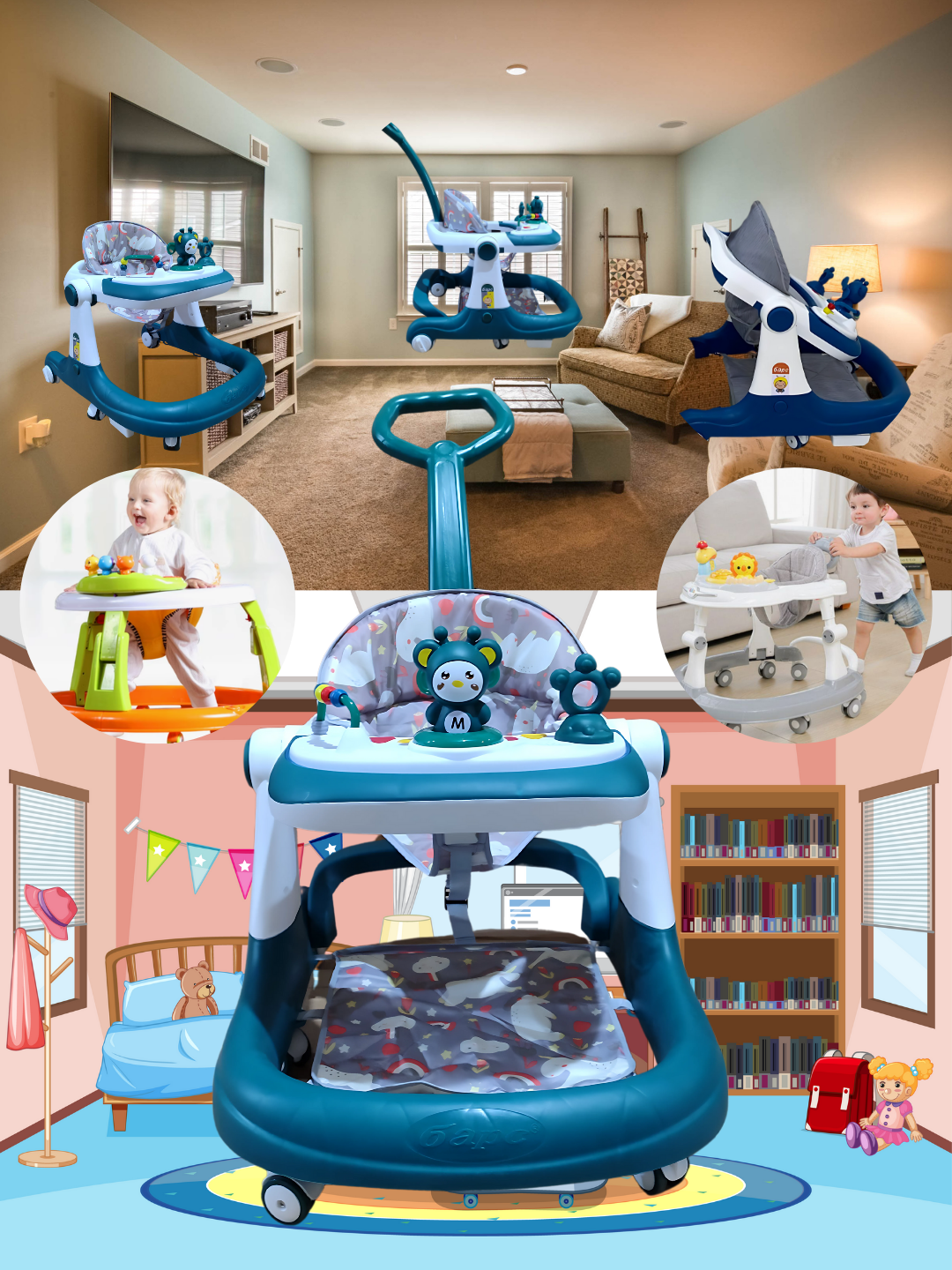 Ходунки, 3 в 1, для детей с рождения, звуковые, световые, развивающие и столом для кормления. — фото 1