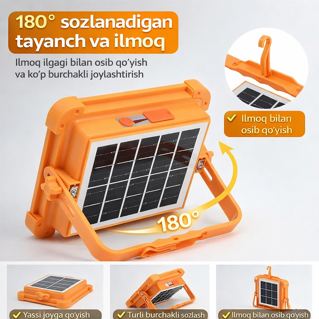 Светодиодный фонарь на солнечной батарее с регулируемой подставкой 180° и крючком