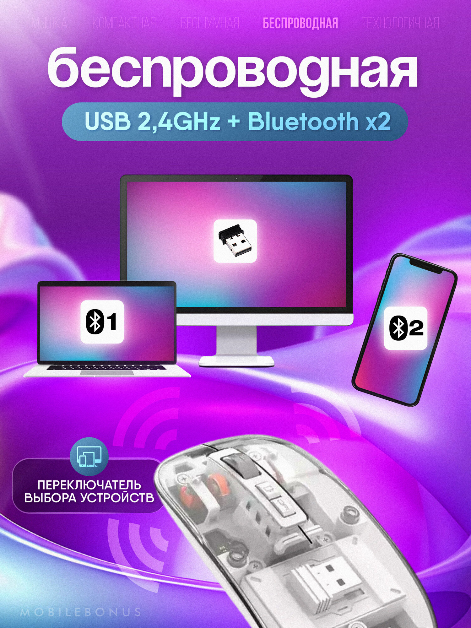 Беспроводная мышь для компьютера прозрачная. 2.4Gz + bluetooth — фото 1