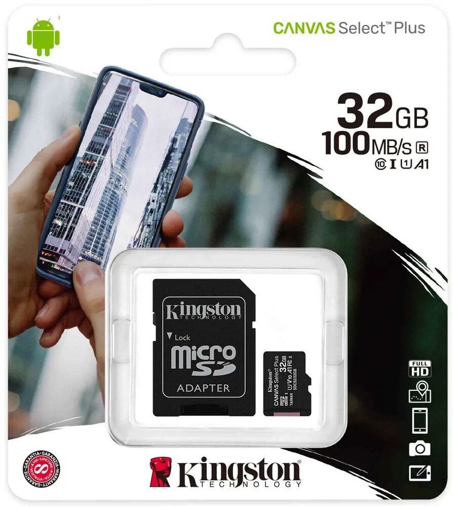 Карта памяти Kingston Canvas Select Plus microSDHC 32 ГБ Class 10 UHS-I U1 100 МБ/с адаптер SD