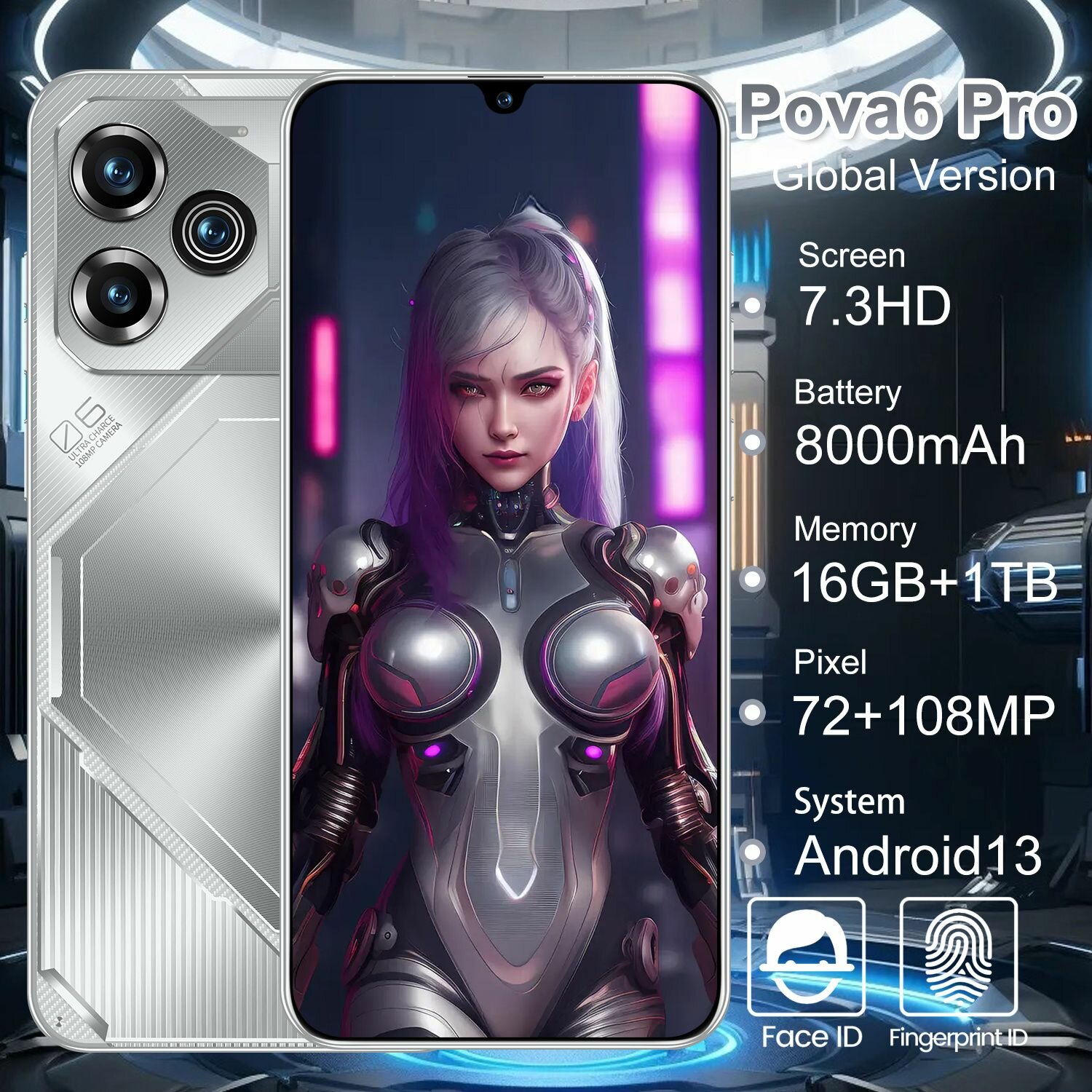 Alisym Смартфон Pova 6 pro 16 ГБ/1 TB , Серебро