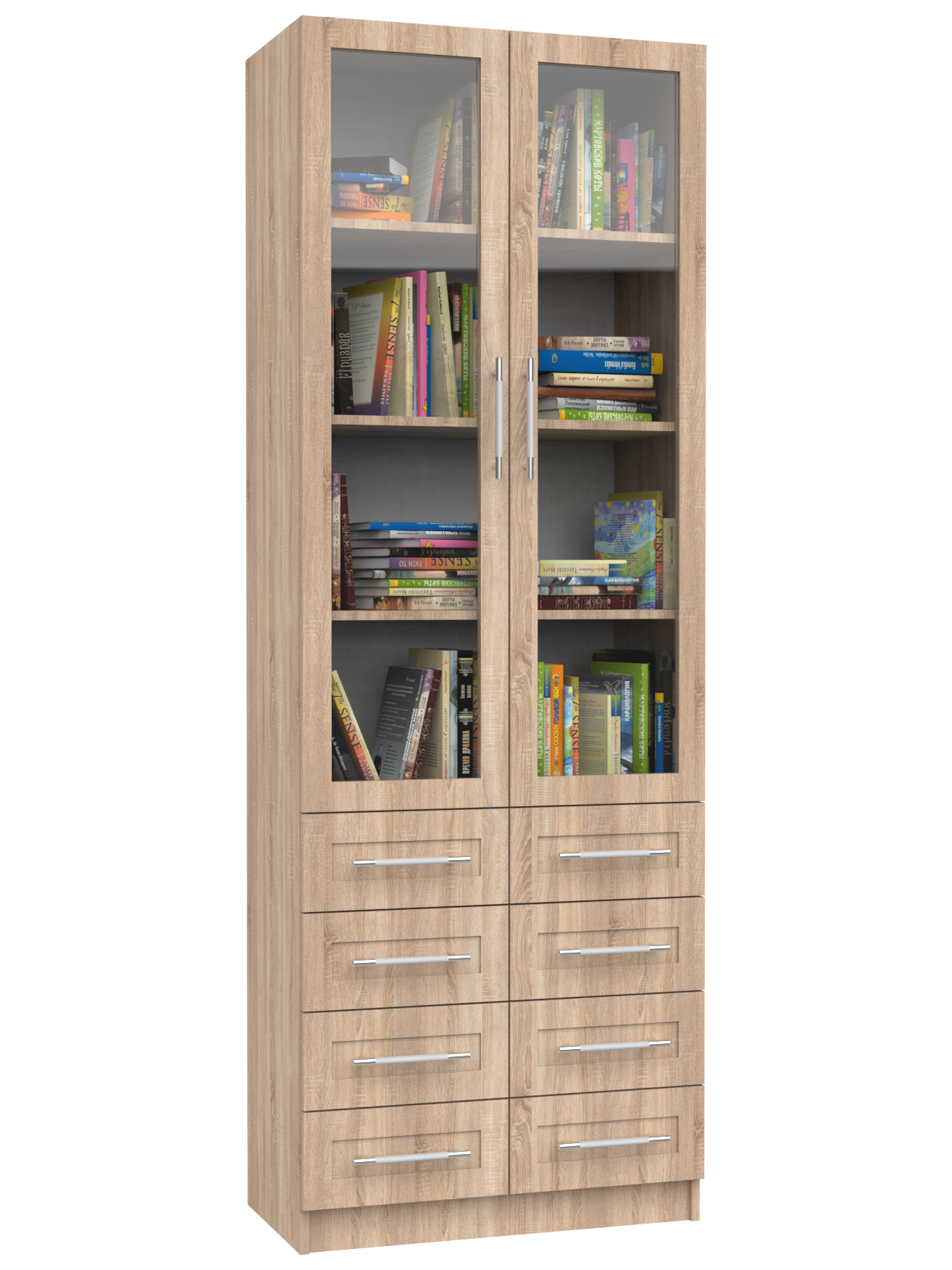 Шкаф книжный двухстворчатый Вита 2-6 с 8 ящиками, ШхГхВ: 68х38х210 см, дуб сонома