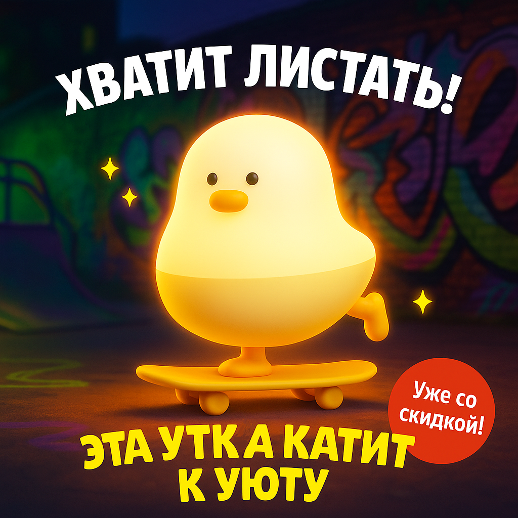 Ночник Утка на скейтборде | Детский светильник, USB, Подарок
