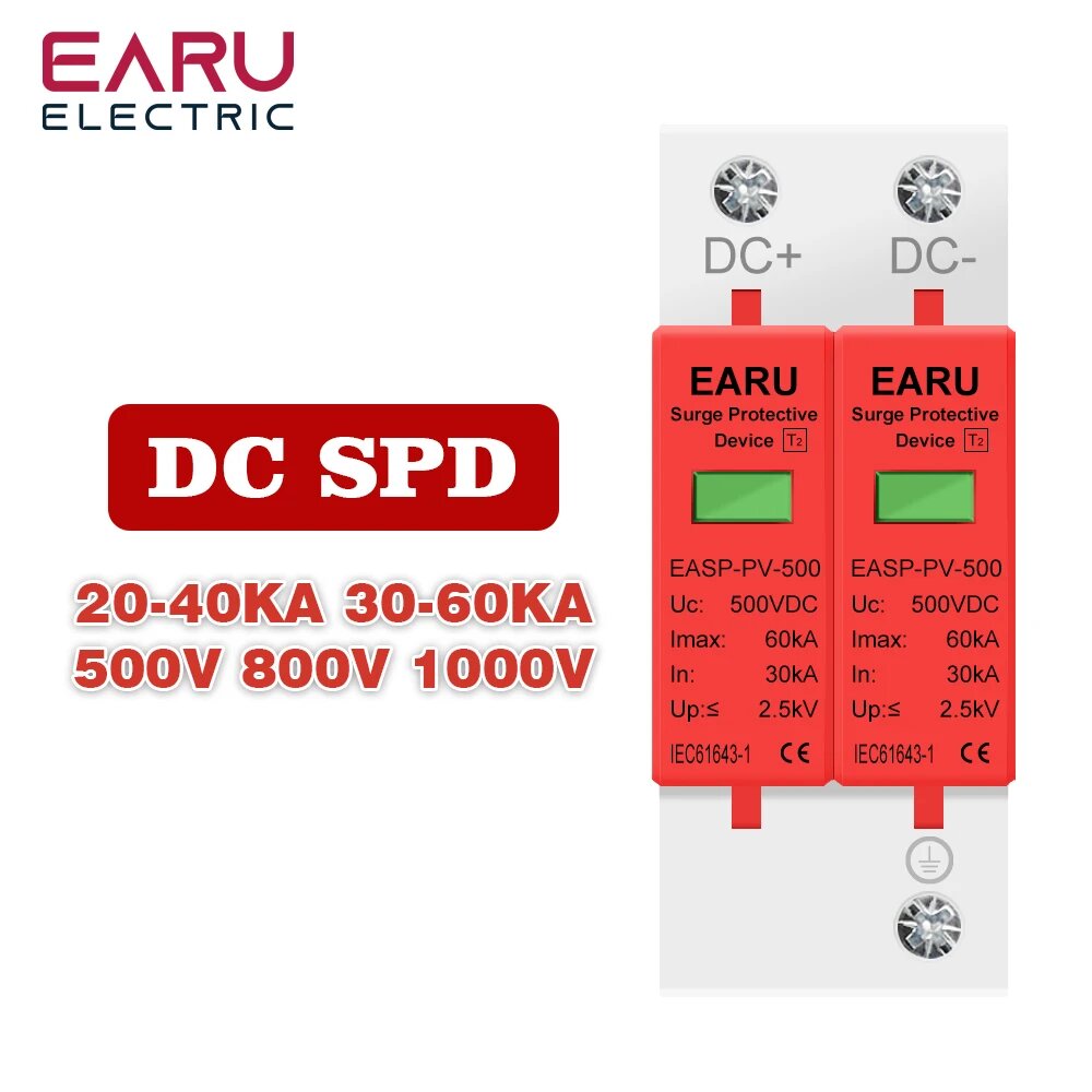2P SPD DC 500 В 800 В 1000 В 20 ~ 40KA Молния Защита от перенапряжения Устройство защиты Разрядник Низкое напряжение Дом 2-полюсный Фотоэлектрический, DC 500V, 20-40KA