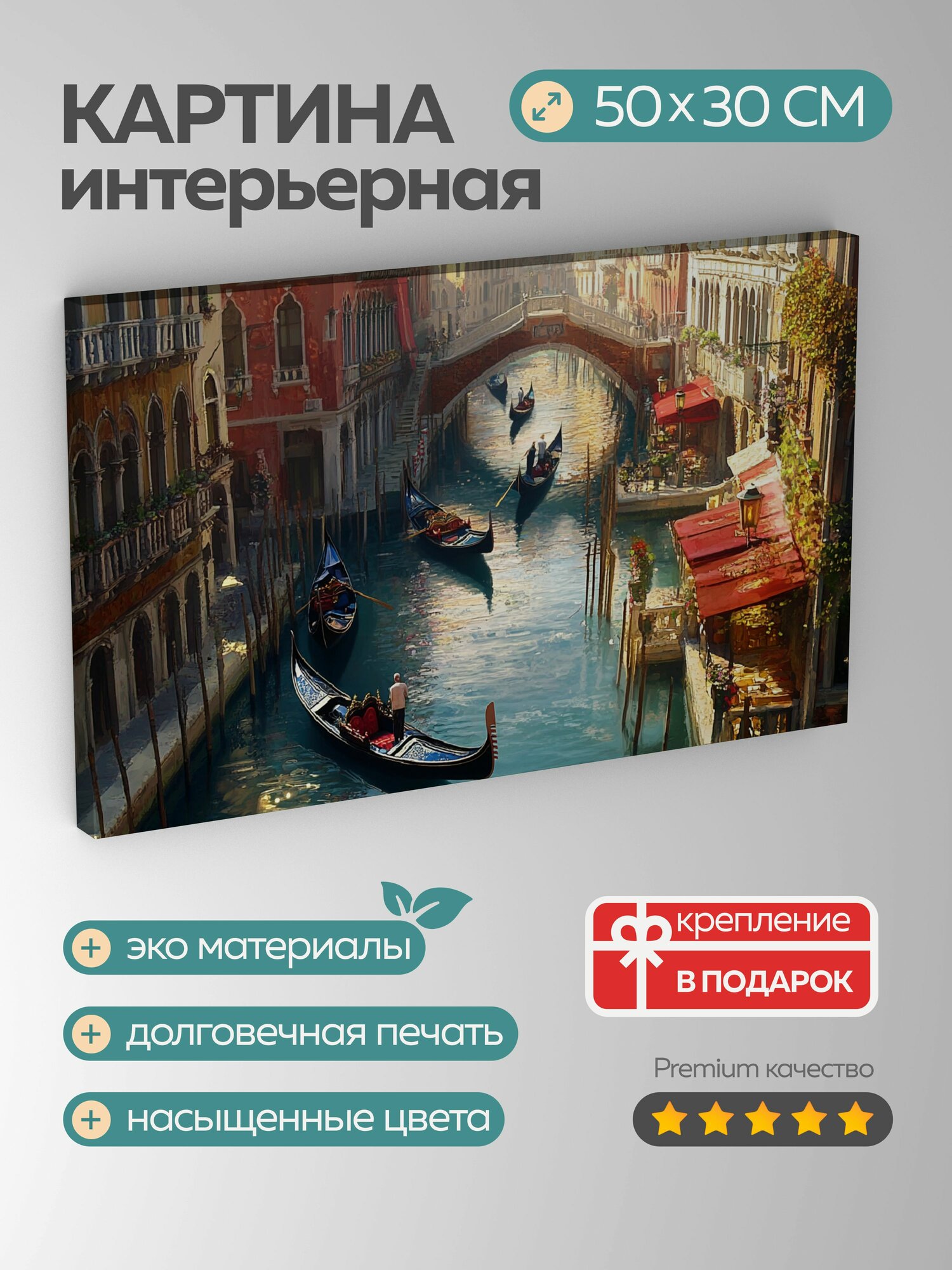 Картина на холсте интерьерная 50х30 см Венецианский канал гондолы здания вода свет масло картина Моне детали