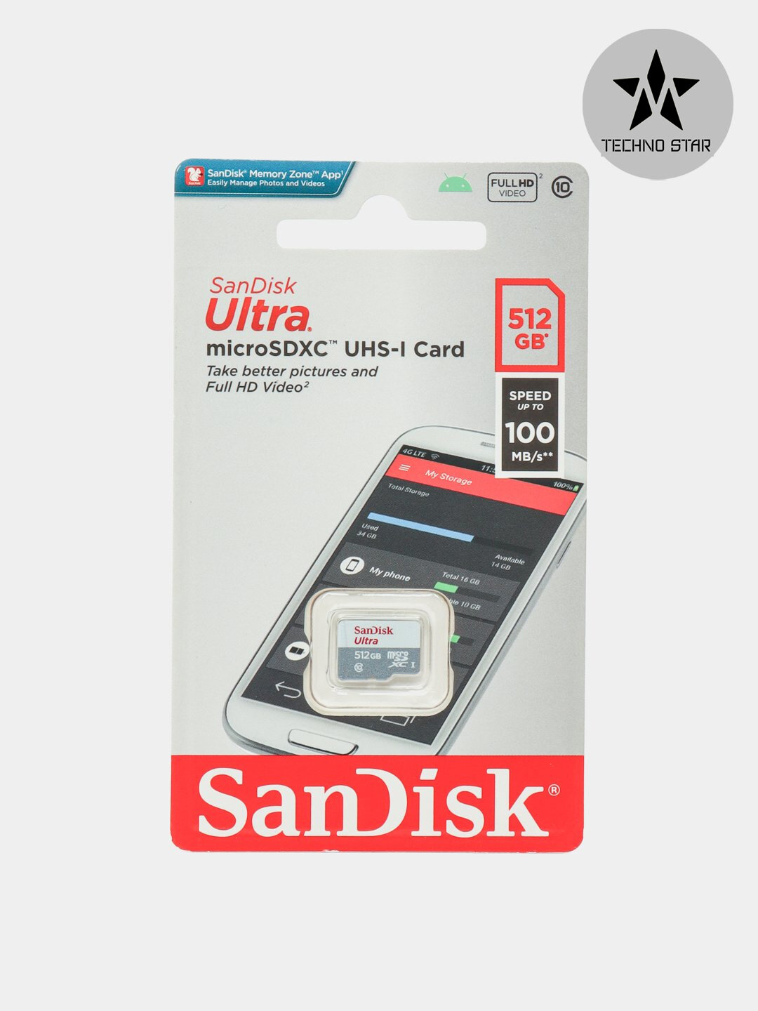 Флешка Sandisk Ultra, 512Гб, 100 Мб/с, microSDXC, UHS-I card — фото 1