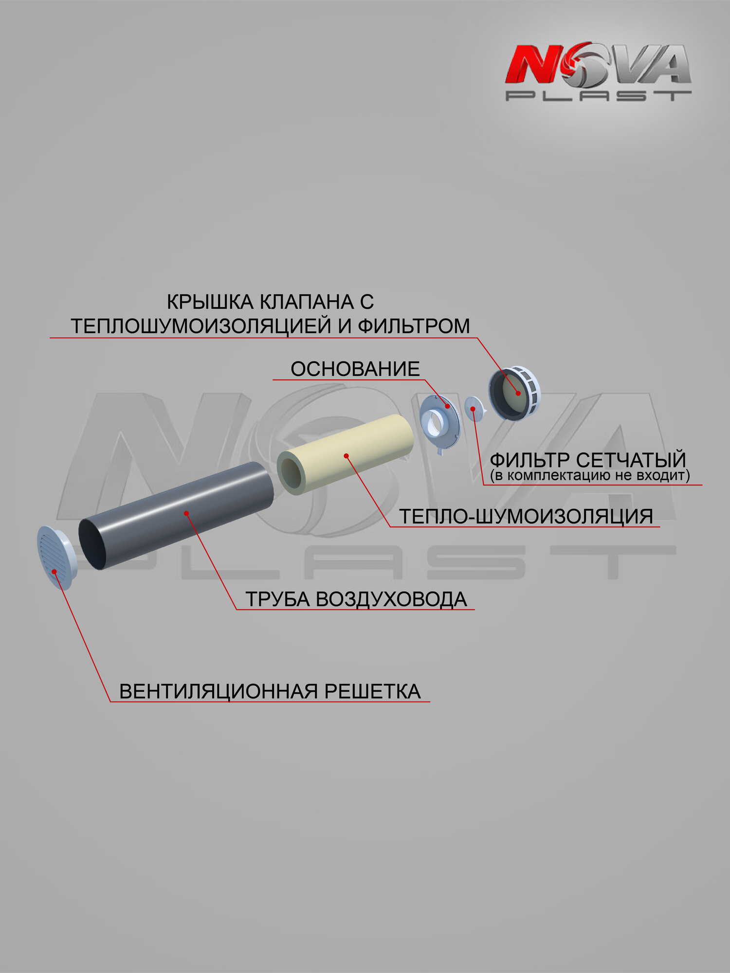 Приточный клапан вентиляции NovaPROF с 600 мм трубой, атмосферостойкой решеткой кив - 125, RAL 9016 — фото 1