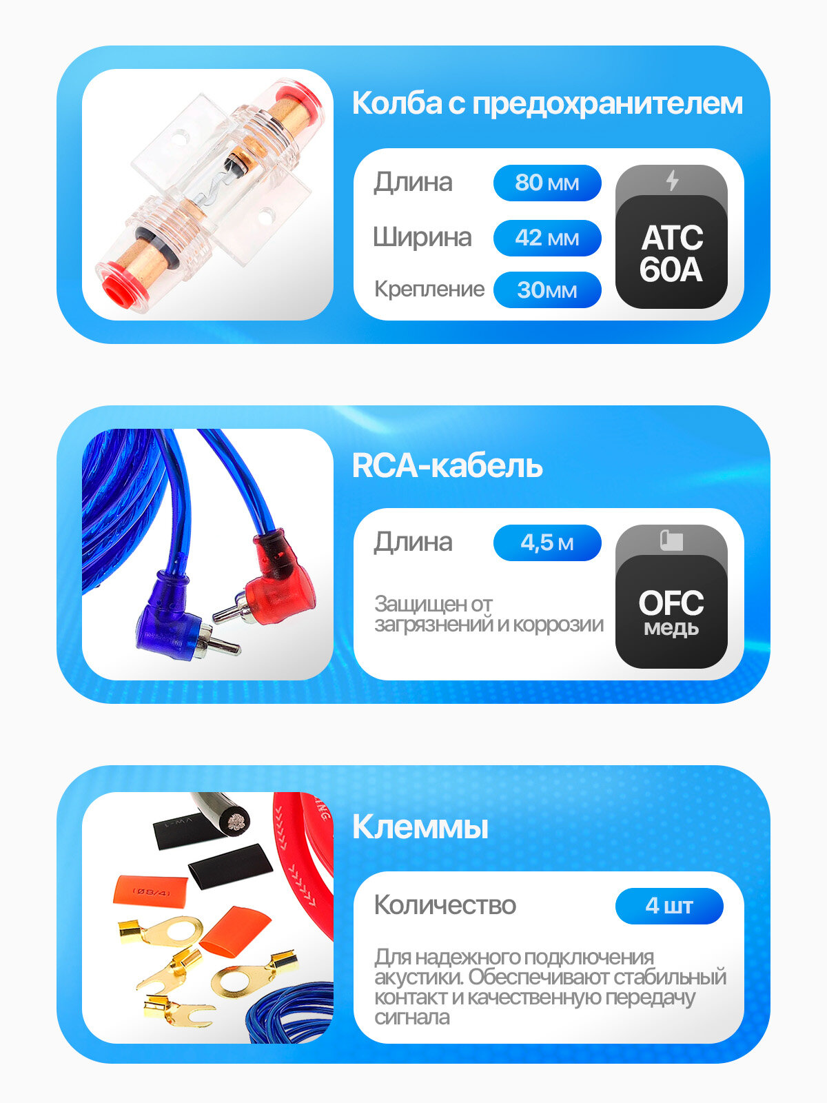 Провода акустические для подключения сабвуфера и усилителя комплект TDS TS-CAD02 — фото 1