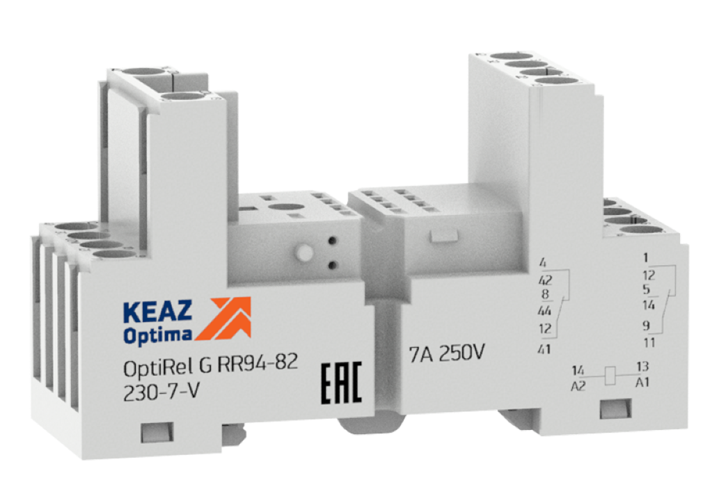 Розетка для реле КЭАЗ OptiRel G RR94-82-230-7-V с зажимами выводов, в пластиковом корпусе, серый, 7А, 230В, IP20 / электрика
