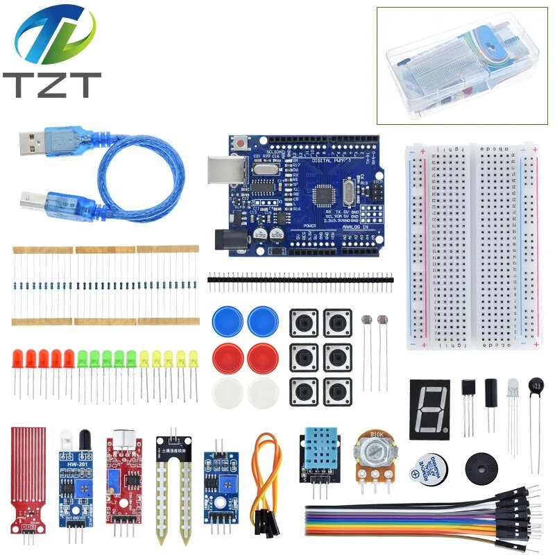Базовый стартовый комплект для Arduino Uno Set R3, макетная плата DHT11, датчик влажности почвы/звука + розничная коробка, With UNO R3 — фото 1