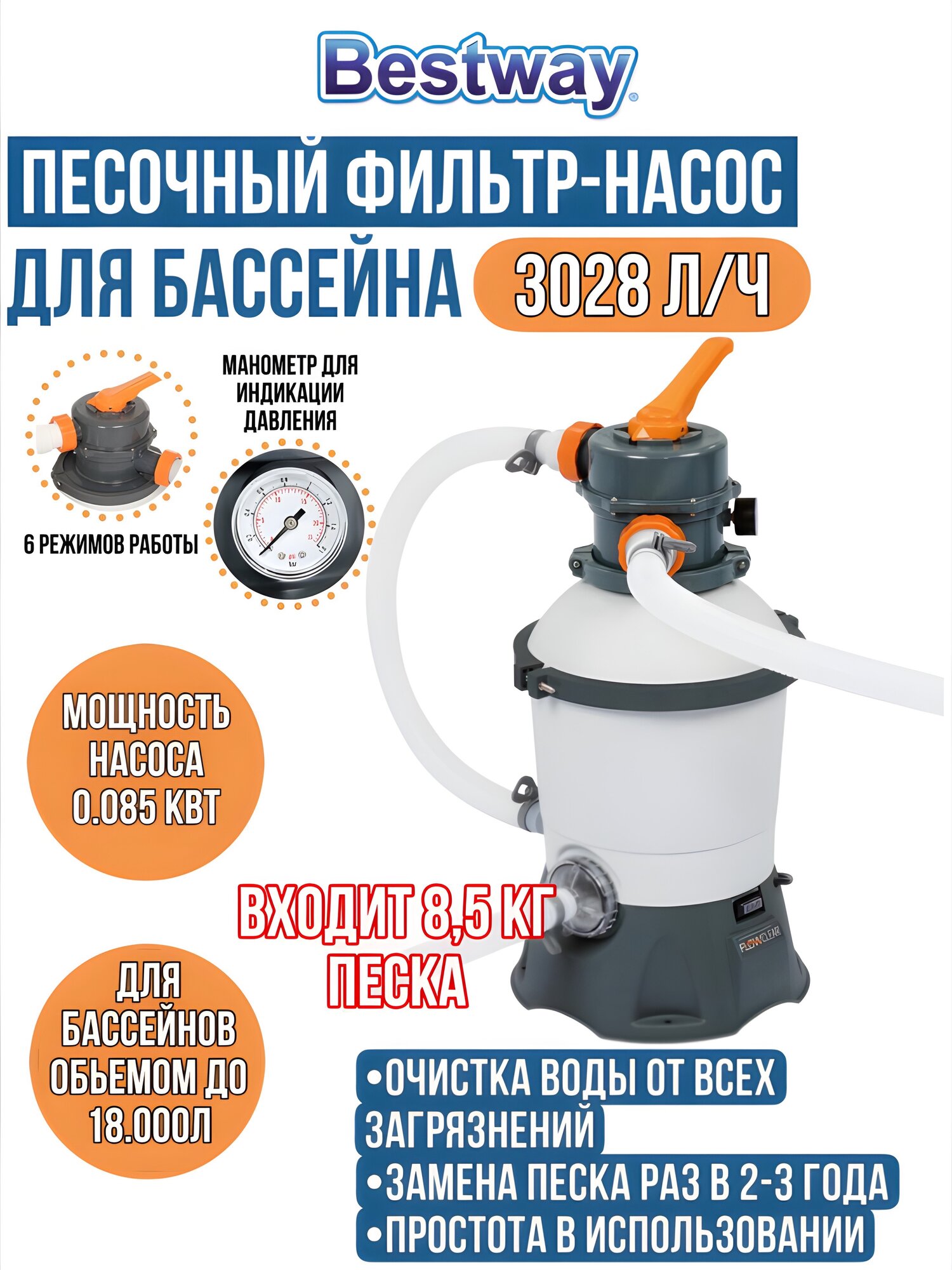 58515 Песочный фильтр-насос Bestway 2006л/ч резервуар для песка 8.5кг