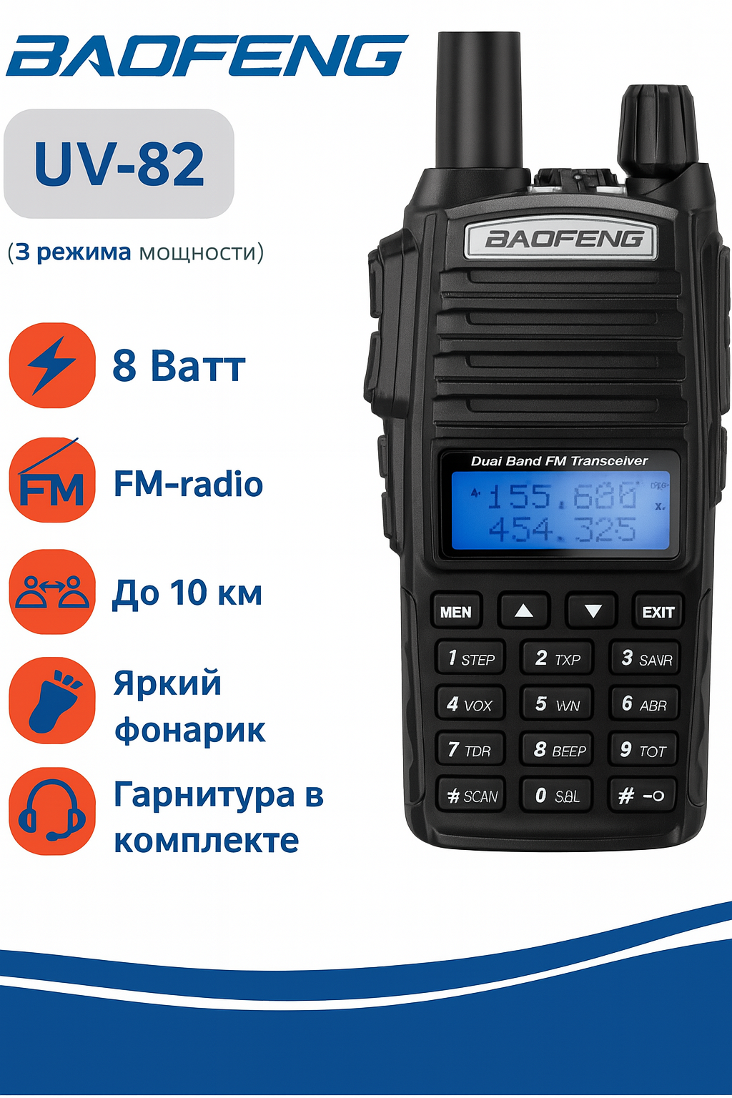 Рация Baofeng UV-82 8W (3 режима мощности) c FM-радио, черная