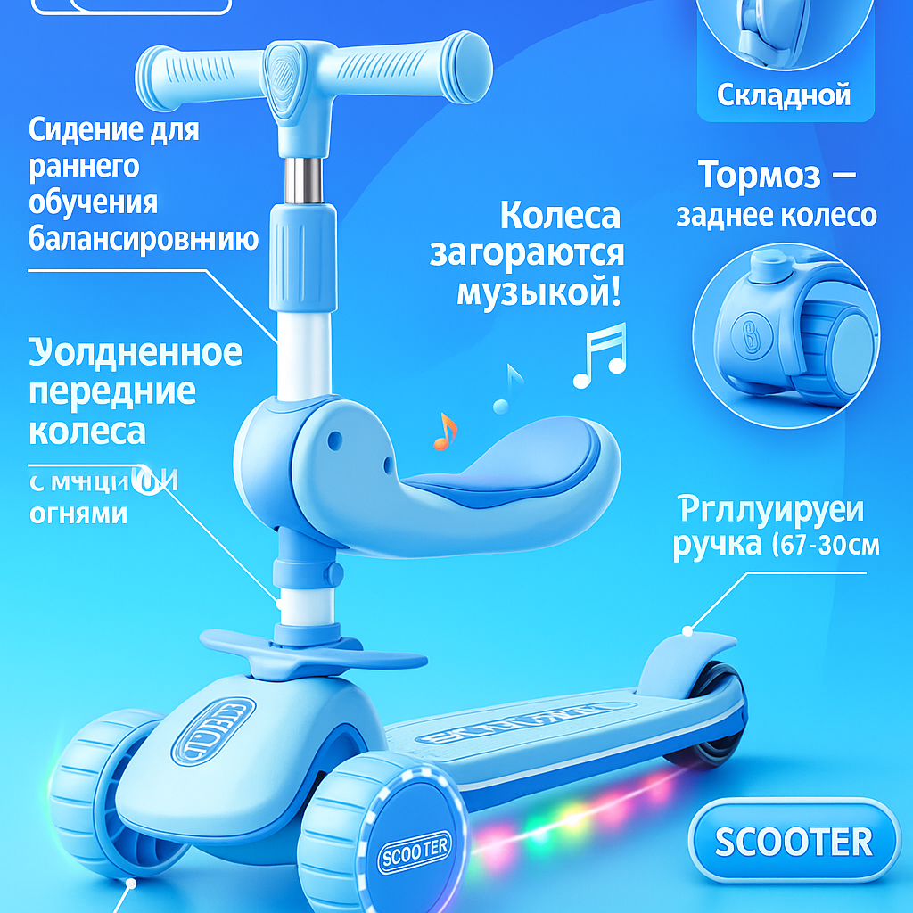 Самокат с горящими колесами, для мальчиков и девочек, детский самокат с сиденьем для детей от 2 до 8 лет