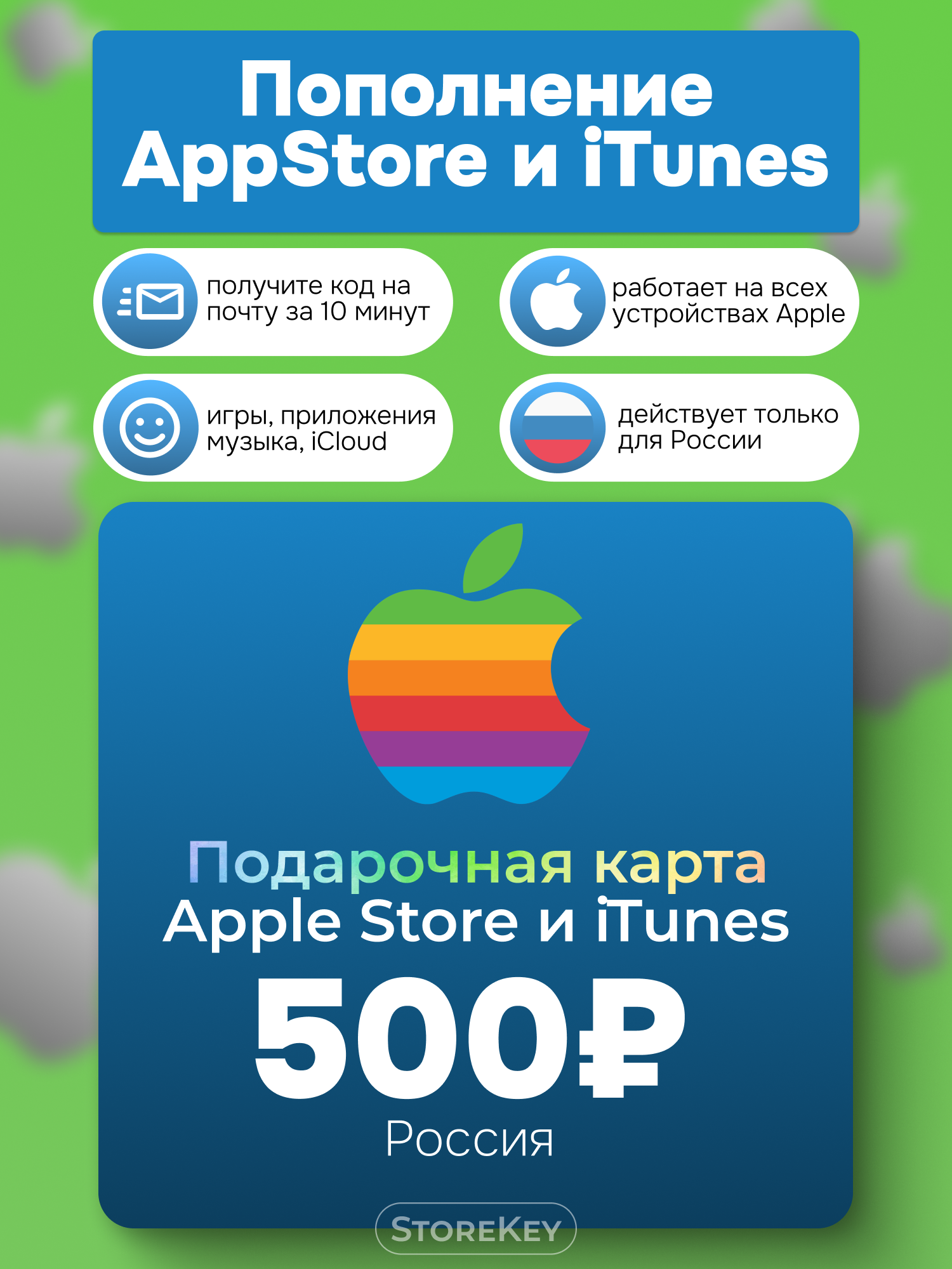 Подарочная карта Apple 500 рублей / пополнение App Store (цифровой код iTunes и iCloud) - Россия.