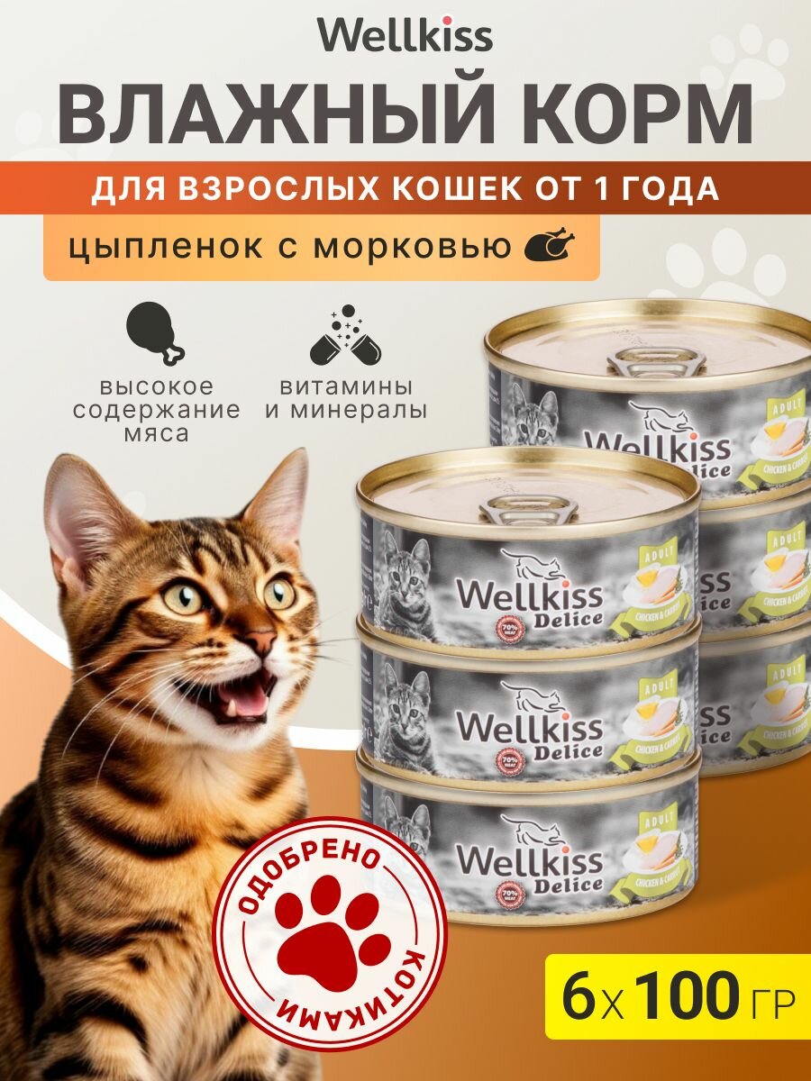 Wellkiss Влажный корм (консервы) для кошек, цыпленок с морковью, 100 гр. * 6 шт.