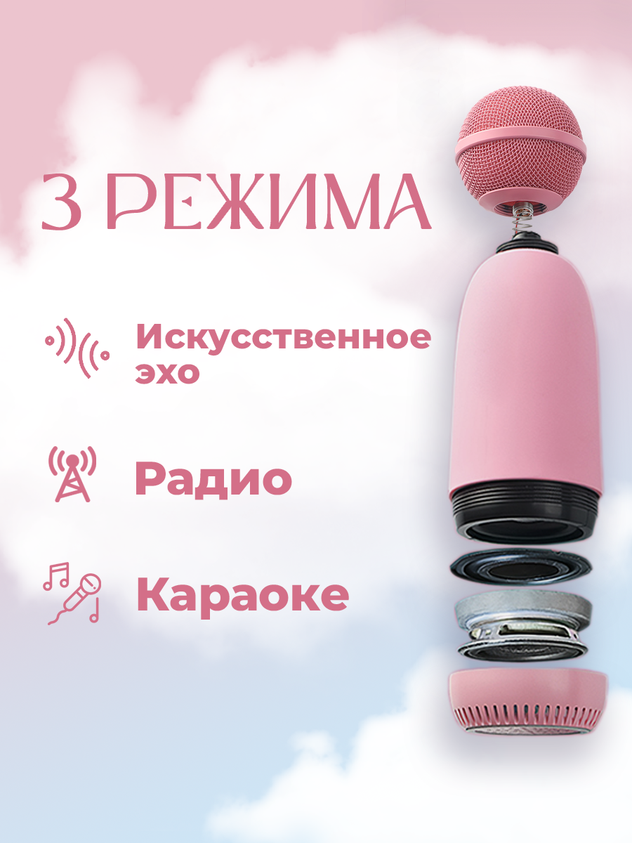 Профессиональная караоке система для дома, портативная, колонка с микрофоном, 5 видов изменения голоса, FM радио, розовая — фото 1