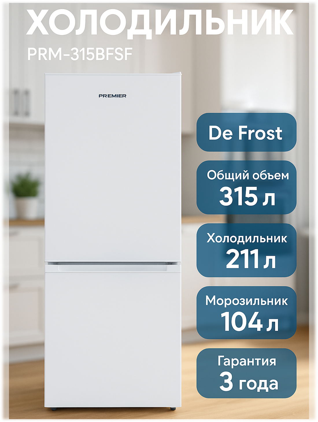 Холодильник premier PRM-315BFSF/W, 315 л, De Frost, A+, гарантия 3 года