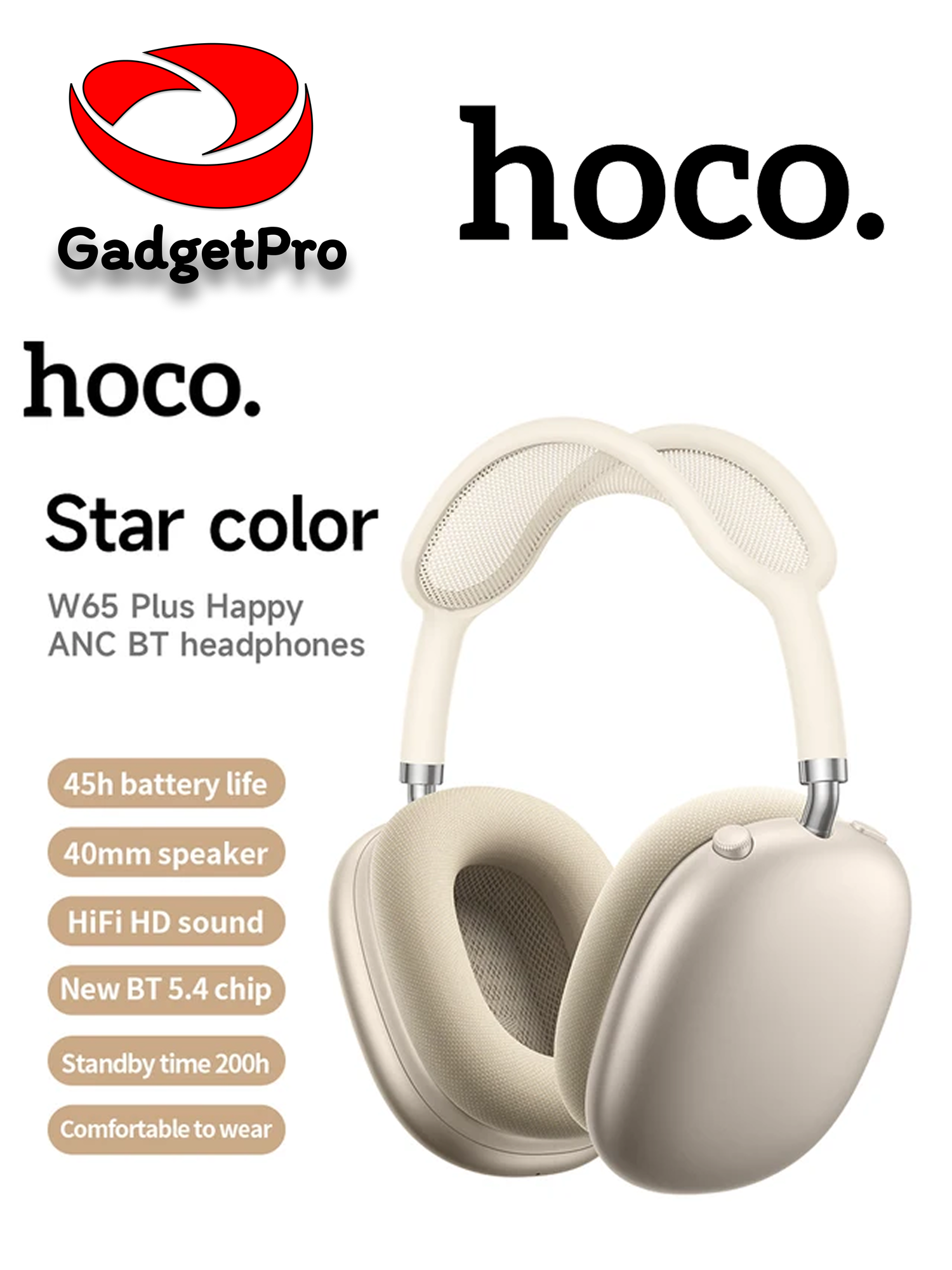 Наушники Hoco W65 Plus Happy ANC BT с активным шумоподавлением, 45 ч, Bluetooth 5.4 Жолтый
