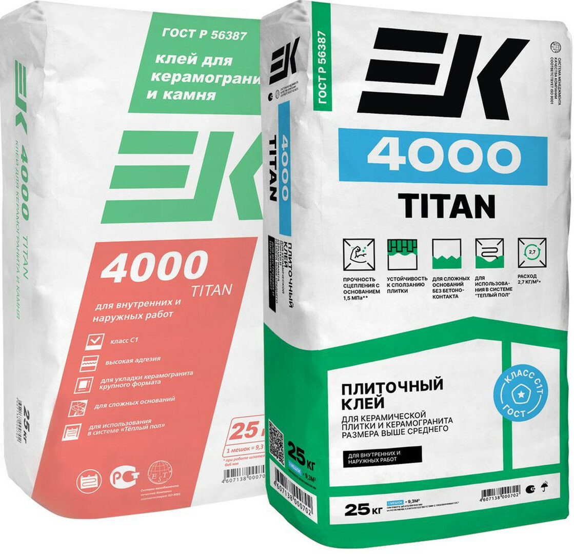 Плиточный клей EK Кемикал EK 4000 Titan, влагостойкий, усиленный, серый, 25кг